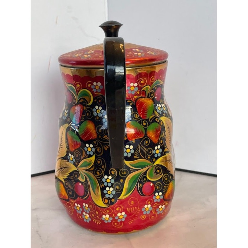 Vintage Russian Khokhloma Hand Painted Lacquer Floral Red Gold Jug Pitcher w Lid - Picture 2 of 16